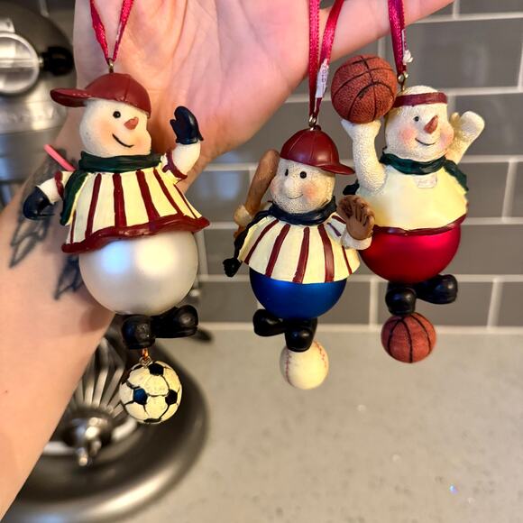 3 Y2K Vintage Sports Snowman Christmas Ornaments Soccer Basketball Baseball - Picture 1 of 6